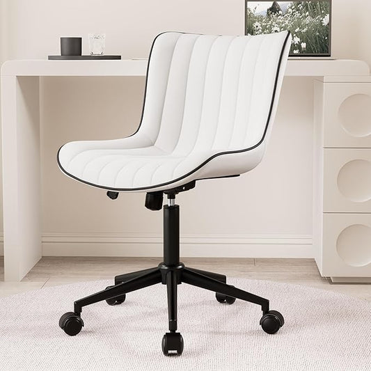 Kidol & Shellder White Leather Home Office Desk Chair with Wheels Modern Cute Armless Executive Swivel Vanity Chair with Comfy Padded Back Ergonomic Rolling Adjustable Computer Task Chair Small