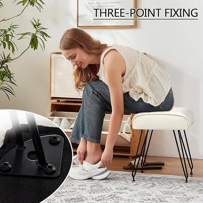 PU Leather Vanity Stools, Vanity Stool Chairs for Makeup Faux Leather Foot Stools Ottoman with Metal Leg Make up Chairs for Vanity Small Bench Seat for Living Room Bedroom (Cream White)