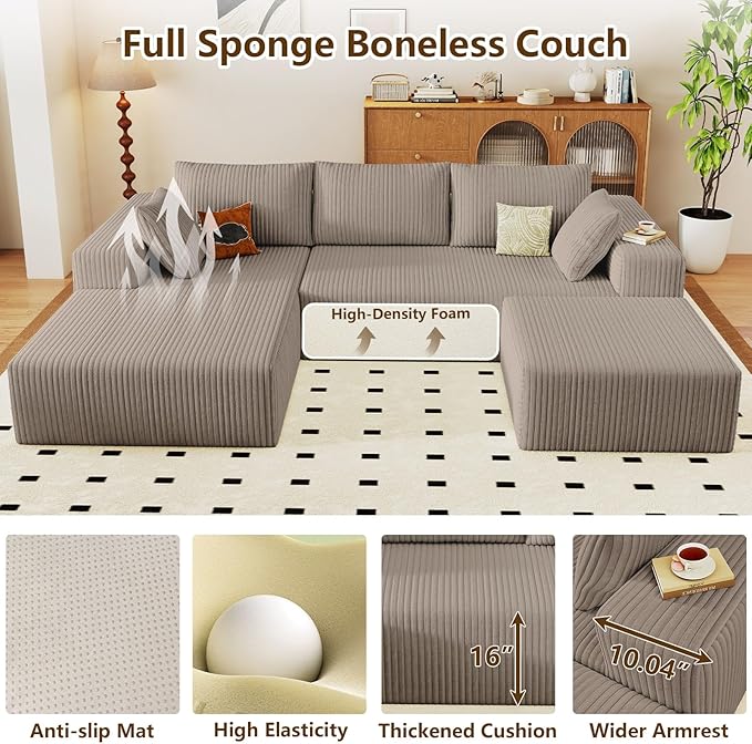 96" U-Shape Cloud Couch, Modern Modular Sectional L-Shape Sofa with Ottoman, Corduroy Upholstered Couches Deep Seat Chaise Longue for Living Room, No Assembly Required(Camel, Left Facing)