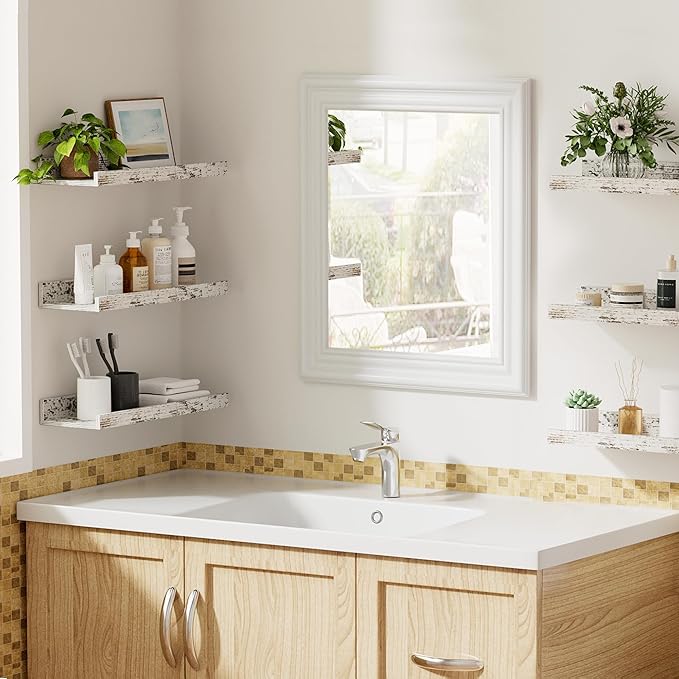 upsimples Floating Shelves for Wall, Wall Shelves for Decor Storage Set of 6, Wall Mounted Wood Shelf for Bedroom, Living Room, Bathroom, Kitchen, Picture Ledge Shelf, Rustic White