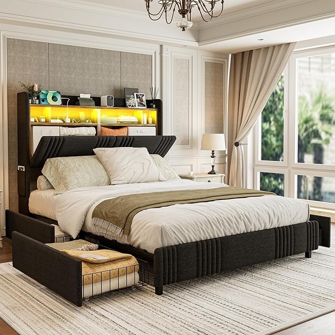 IKIFLY Queen Bed Frame with Hidden Storage Headboard & 4 Drawers, 49.2” Tall Upholstered Wingback Headboard with LED Lights and Charging Station, No Box Spring Needed, Solid Wood Slats, Black