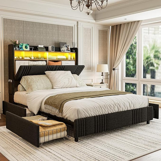 IKIFLY Queen Bed Frame with Hidden Storage Headboard & 4 Drawers, 49.2” Tall Upholstered Wingback Headboard with LED Lights and Charging Station, No Box Spring Needed, Solid Wood Slats, Black
