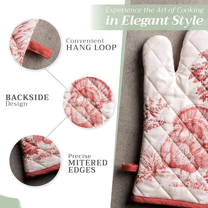 Maison d' Hermine 100% Cotton Oven Mitt & Pot Holder Set (7.5"x13" & 8"x8") Heat Resistant BBQ Cooking Gloves with Loop for Thanksgiving Christmas Decorations Handling Hot Pans (Holy Jouy - Red)