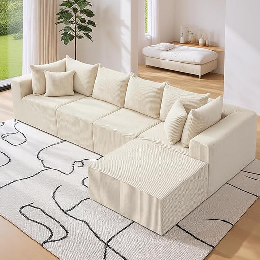 Oversize 131” Boneless Couch for Living Room, Comfort L Shaped Cloud Couch Sectional, Extra Deep Seats Corduroy Modular Sectional Sofa No Assembly,Beige
