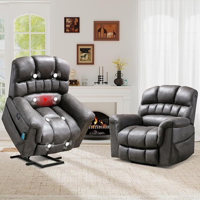 Large Power Lift Recliner Set of 2 with Massage and Heat for Elderly, Faux Leather Electric Lifting Recliners with USB Port, Oversized Reclining Sofa Chair for Living Room, Grey