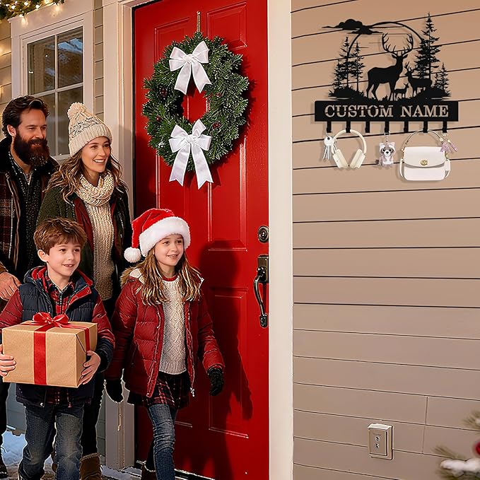 Personalized Key Holder Wall Mount, Custom Deer Metal Keys Holder for Wall with Name, Wall Key Hanger Rack with Hooks for Entryway, Front Door, Living Room, Kitchen, Bathroom, Garden