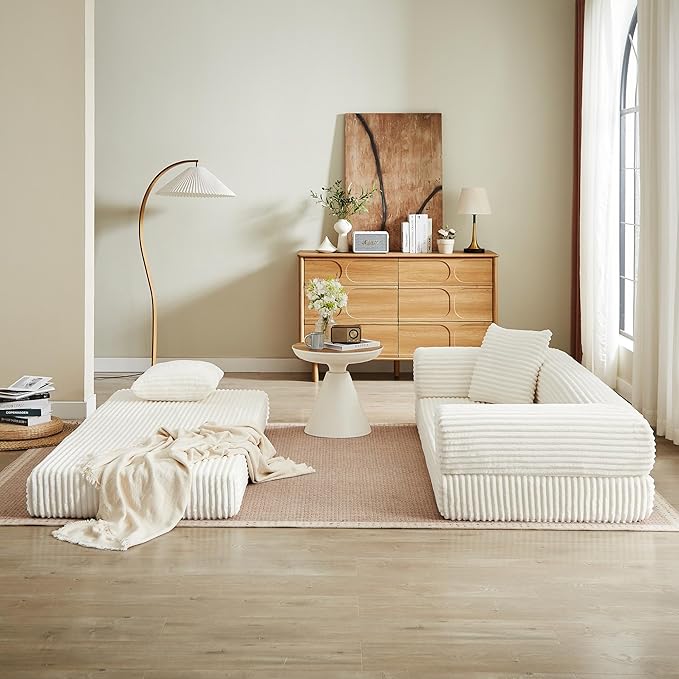 Boneless Couch Sofa Bed Sectional Couches for Living Room,Futon Cloud Couch with Sleeper Sofa,Sofas for Living Room Oversized Corduroy Upholstered (White)