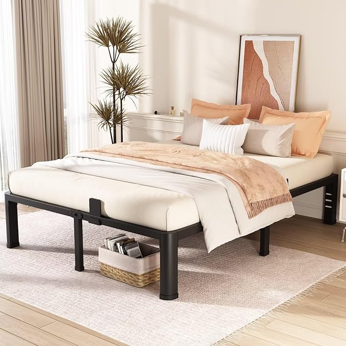 FUIOBYVV 14 Inch Full Bed Frame with Rounded Corner and Headboard Hole Mattress Retainers 3500 LBS Metal Heavy Duty Steel Slats Support No Box Spring Needed Platform Noise Free Easy Assembly