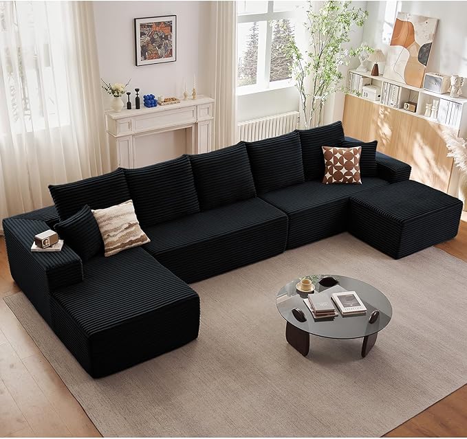 166.9" L-Shape Sofa with Ottoman, Modern Modular Sectional Comfy U-Shape Cloud Couch, Deep Seat, Upholstered Corduroy Sleeper Chaise Longue for Living Room Bedroom, No Assembly Required, Black