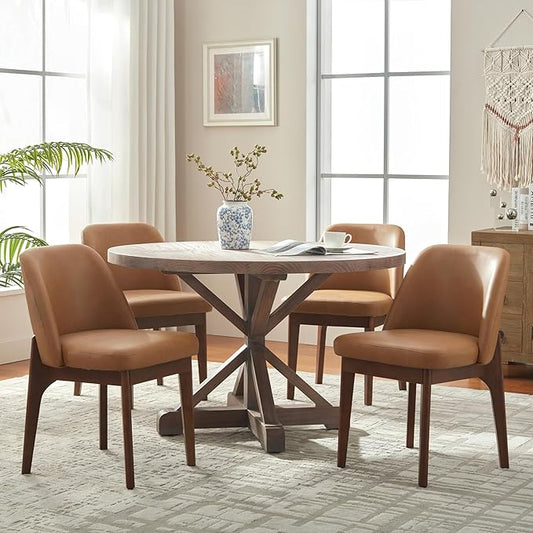 VKNOW Modern Dining Chairs Set of 4, Faux Leather Kitchen Chairs with Wood Legs, Upholstered Side Chair for Kitchen Dining Room, Brown