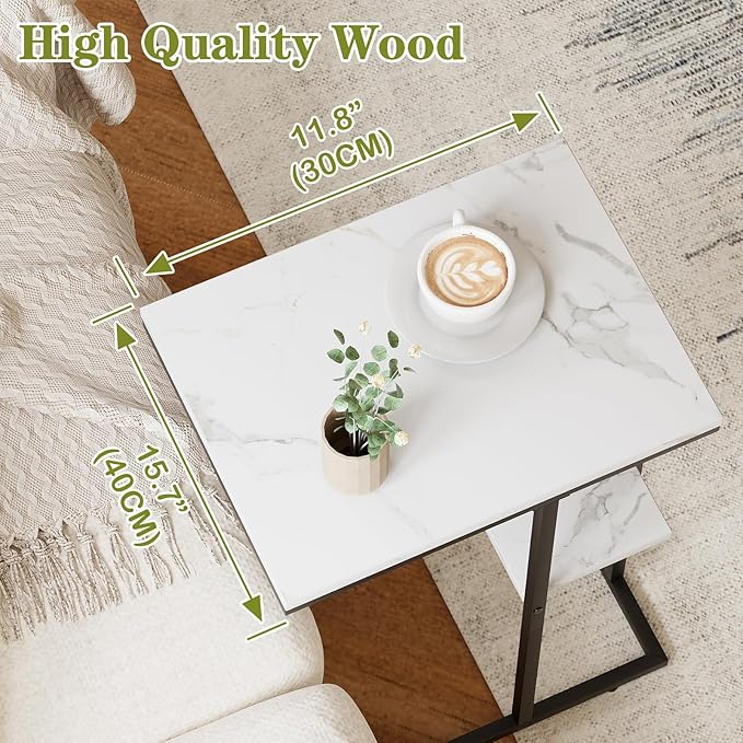 C Shaped End Side Table, Couch Sofa Table for Small Space, Black Snack Table with Metal Frame, TV Tray Table for Bed, Living Room, Bedroom, Bedside(White Marble)