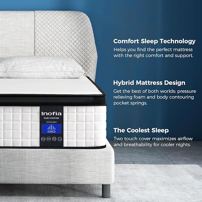 Inofia Twin XL Mattress, 10 Inch Hybrid Innerspring Single Mattress Cool Bed, Breathable Soft Knitted Fabric Cover, Twin XL Size
