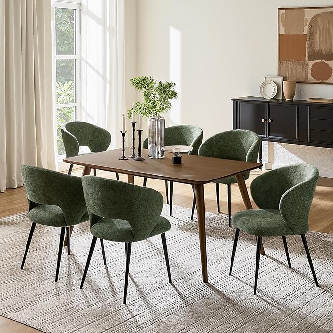 Contemporary Dining Chairs with Armrests – Ergonomic Soft-Padded Seat, Curved Backrest, Matte Black Metal Legs, Comfortable Kitchen & Dining Room Chairs, Set of 6