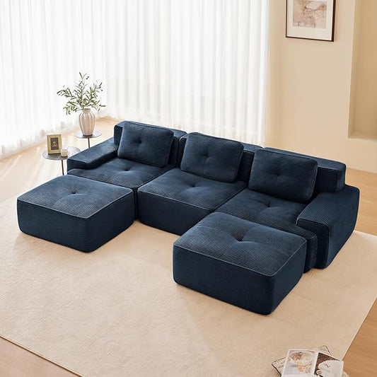115" Modern Compressed Boneless Couch with Ottoman, 3 Seater Large U Shaped Sectional Couches for Living Room, Blue Corduroy Cloud Modular Sectional Sofa, Memory Foam, Extra Deep, No Assembly