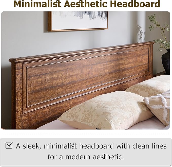 T4TREAM Farmhouse Queen Bed with Headboard and Storage Bench, Rustic Wood Platform Bed with 64" Storage Chest w/ 4 Large Drawer, Dark Brown