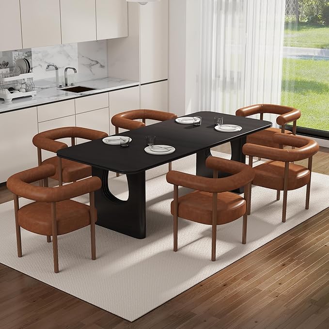Mid-Century Modern Dining Chairs Set of 6, Armrest Barrel Dining Chairs Side Accent Chairs with Curved Back, Upholstered Wood Armchairs for Kitchen, PU Leather Brown