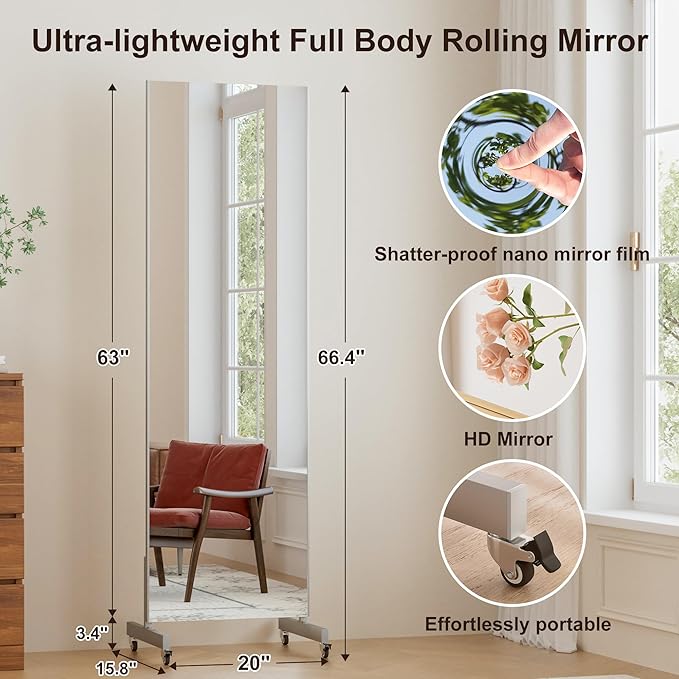brisafe 63"x20" Ultra-Light Mobile Floor Mirror with 360° Wheels, 0.04mm Shatterproof Nano Film for Home Gym/Yoga/Dance Studio & Commercial Use | 60% Insurance Savings | Silver