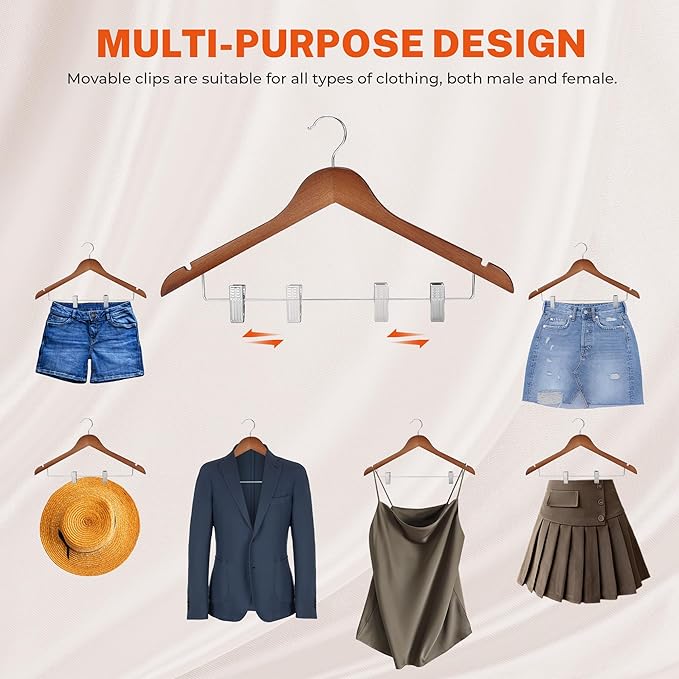 HOUSE DAY Wooden Hangers with Clips 24 Pack, Heavy Duty Walnut Wood Pants Hanger, Premium Skirt Hanger with Adjustable Clips, Solid Clip Hangers for Suit, Blouse, Dress, Coat, Jacket, Bottom