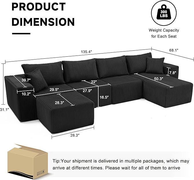 135.4" Cloud Couch Sectional, Modular Sectional Sofa with Deep Seat, Plush Corduroy U Shaped Boneless Couch, Convertible Sectional Couches for Living Room, 6Seat, Black