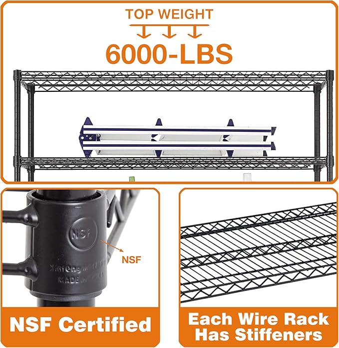 BestOffice Storage Shelves 6 Tier Metal Shelves Adjustable Heavy Duty Garage Shelving Wire Shelving Unit Capacity 6000LBS with Wheels for Kitchen, Garage Pantry Closet Commercial,Black