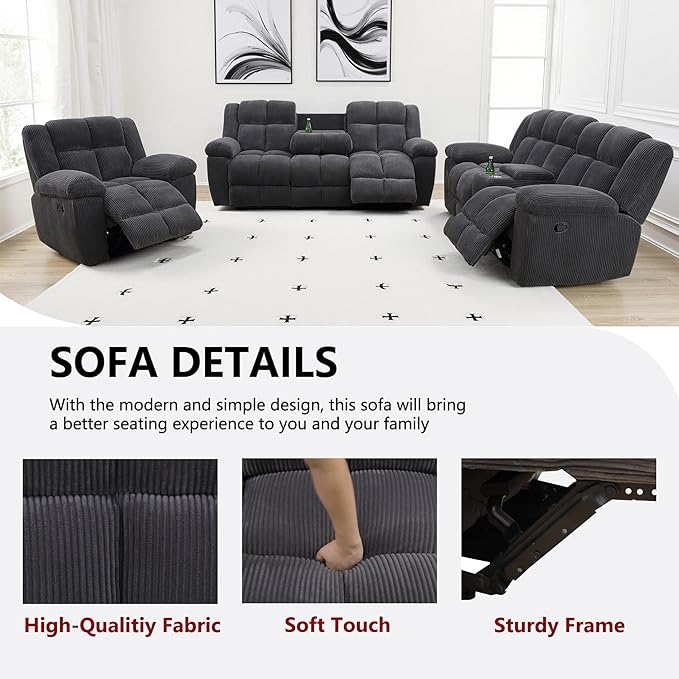 Manual Recliner Sofa Set,Fabric Reclining Couch Set,Modern Living Room Furniture Set,Reclining Sofa Couch Chair for Living Room Home Office (Dark Grey Upgraded Version, 3PCS Set)