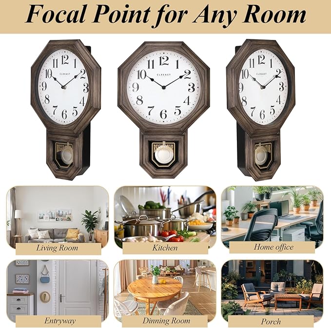 CLXEAST Pendulum Wall Clock, Large Schoolhouse Regulator Pendulum Wall Clocks for Living Room Decor,Dark Grey Oak Finished Plastic,House Warming Gifts New Home,12" W x 17.5" H
