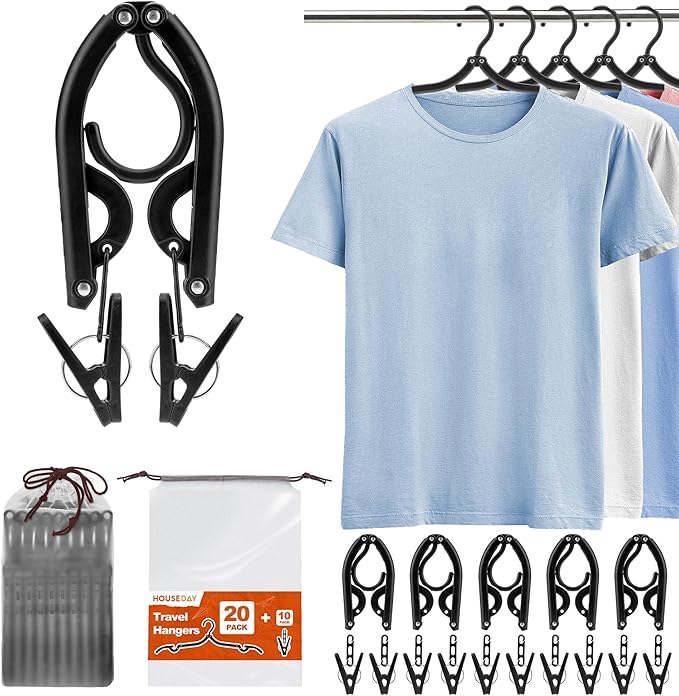 HOUSE DAY Foldable Travel Hangers 20 Pack w/10 Clips, Cruise Essentials 2025, Portable Hangers Collapsible Hanger Plastic, Travel Must Haves for Suitcase, Hotel, RV, Road Trip, Flying, Camping-Black