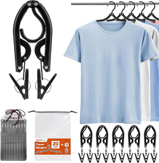 HOUSE DAY Foldable Travel Hangers 20 Pack w/10 Clips, Cruise Essentials 2025, Portable Hangers Collapsible Hanger Plastic, Travel Must Haves for Suitcase, Hotel, RV, Road Trip, Flying, Camping-Black