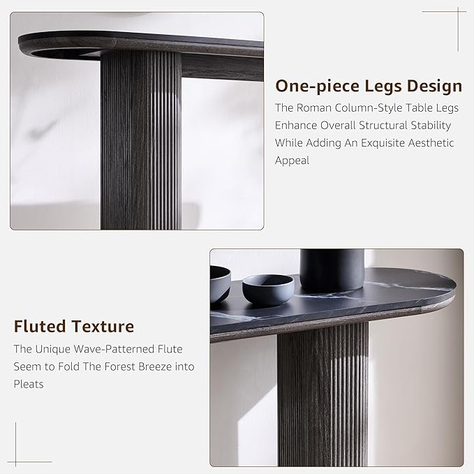 OKD 63" Modern Console Table with Arc Marble Texture Top, Fluted Wood Base, Contemporary Entryway Sofa Table for Living Room, Hallway, Foyer, Dark Alder