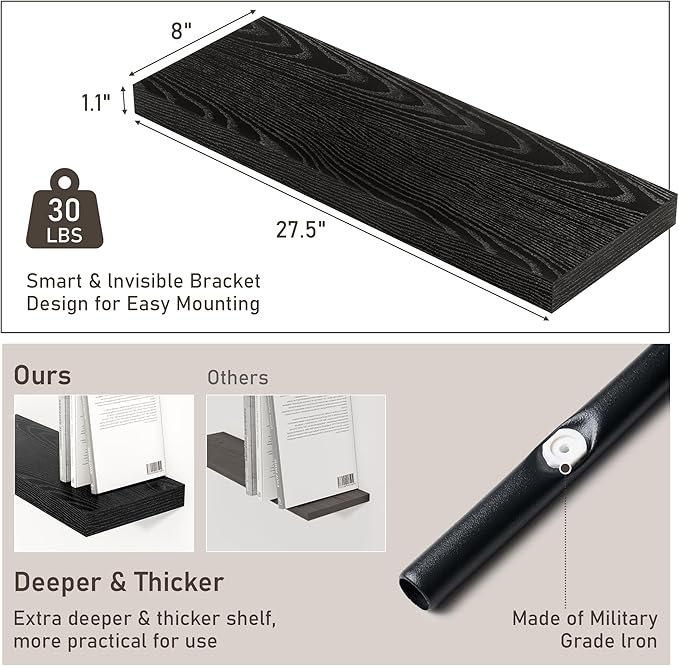 Fun Memories Black Floating Shelves for Wall Set of 2, 28" Black Floating Shelves for Home Decor, Rustic Wood Wall Mounted Shelf, Hanging Deep Shelf for Living Room, Bedroom, Bathroom, Kitchen