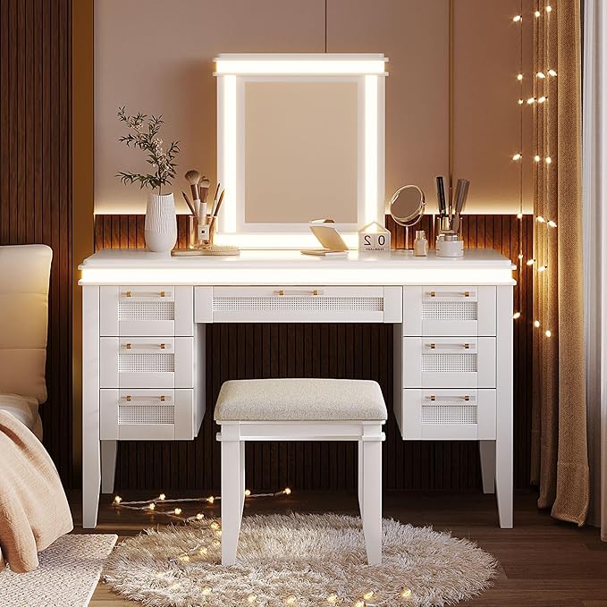 Merax 48" Vanity Desk with Mirror and Lights, Makeup Vanity with 7 Drawers and Cushioned Stool, Classic Finish Dressing Table with Hollow Design Drawer for Bedroom, Rubber Wood Legs, Light-Beige
