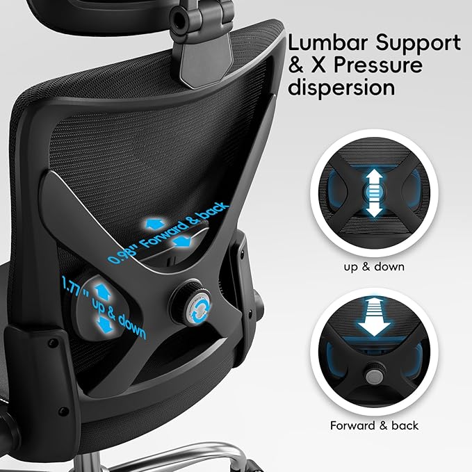 Ergonomic Office Chair-Computer X-Shaped Chair Mesh PU Leather with Adjustable Lumbar Support-Executive Desk Chair High Back with Headrest Flip-Up Arms for Long Hours (Black)