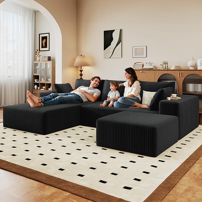 96" U-Shape Cloud Couch, Modern Modular Sectional L-Shape Sofa with Ottoman, Corduroy Upholstered Couches Deep Seat Sleeper Chaise Longue for Living Room, No Assembly Required(Black, Left Facing)