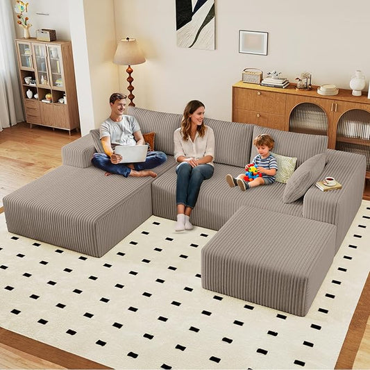 96" U-Shape Cloud Couch, Modern Modular Sectional L-Shape Sofa with Ottoman, Corduroy Upholstered Couches Deep Seat Chaise Longue for Living Room, No Assembly Required(Camel, Left Facing)