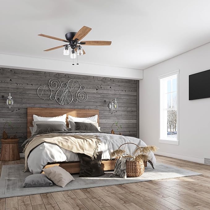 Prominence Home Arthur, 52 inch Industrial Farmhouse Flush Mount LED Ceiling Fan with Light, Pull Chain, Three Mounting Options, Dual Finish Blades, Reversible Motor - 51486-01 (Espresso)