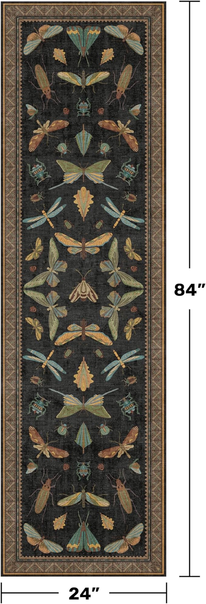 2x7 Black Non Slip Entryway Runner Rug, Boho Washable Runner for Hallway, Kitchen, Mudroom, Laundry Room, Nature Insect Low Pile & Soft Carprt, Vintage Indoor Décor