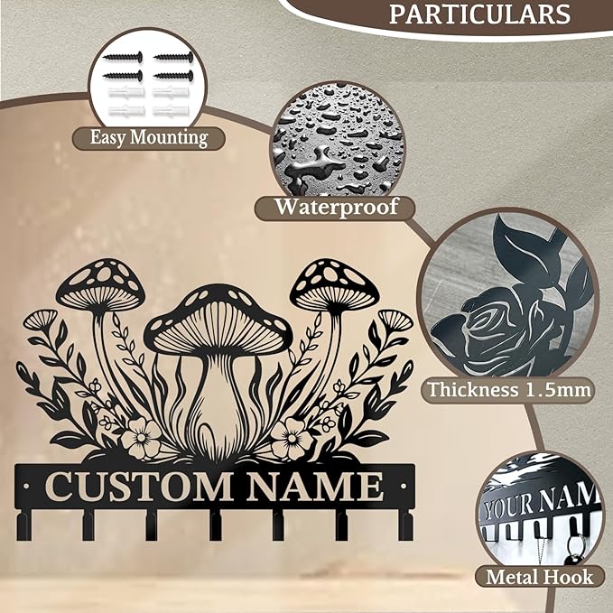 Customized Keys Holder - Personalized Mushroom Wonderland Key Hooks Wall Metal Sign Decor,Wall Holder,Door Hook (Style A)