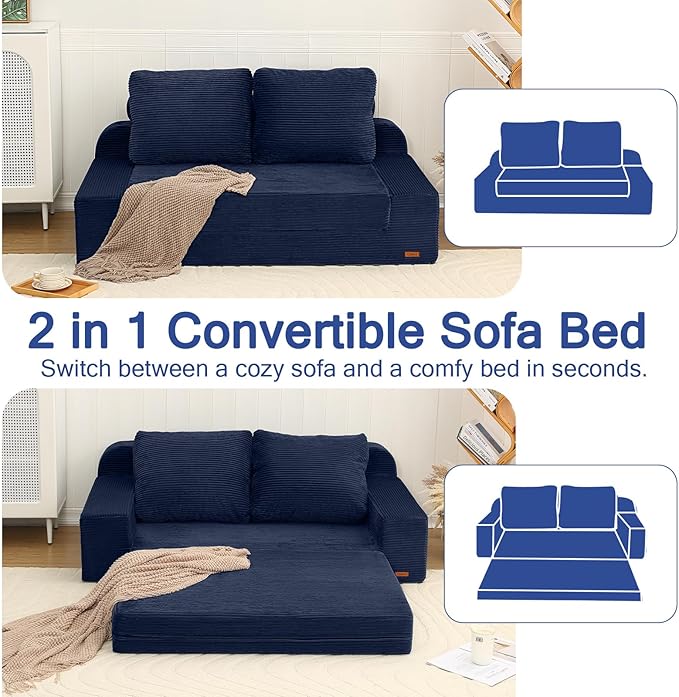 COMAX Convertible Sofa Bed Queen, Folding Floor Couch Corduroy Fold Out Couch Bed Sleeper Mattress with Back Pillows, Boneless Pull Out Loveseat Comfy Futon Lounge for Living Room Bedroom, Navy Blue
