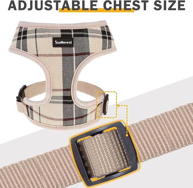 SCENEREAL Puppy Dog Harness with Leash Set for Small Medium Sized Dogs, Soft Mesh Step in Pet Harnesses and Leash, No Chock Plaid Adjustible No Pull Vest for Dogs Cats, Chihuahua,Bulldog (Beige S)