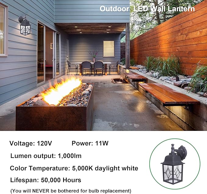 LIT-PaTH Outdoor LED Wall Lantern, Large Exterior Wall Light Fixture, 5000K Daylight White, 11W 1000 Lumen, Matte Black Anti-Rust Aluminum Porch Lighting for Outside, Patio, Garage, 1 Pack