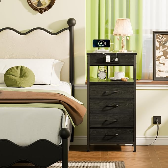 Furnulem Night Stand with Charging Station, 4 Drawer Dresser with Storage Shelf, 33.3 Inch Tall Side Table, Fabric End Table for Closet, Entryway, Bedside Furniture, 3 Ways to Use, Black Oak
