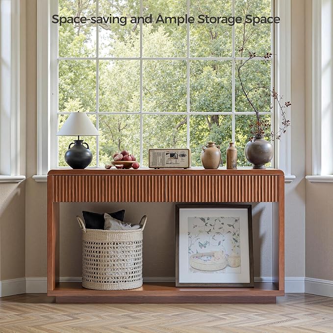 Evermagin 59'' Walnut Entryway Table with Drawers, Fluted Console Table, Mid Century Modern Sofa Table with Storage for Living Room, Entrance, Hallway