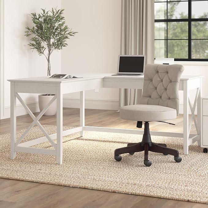 Bush Furniture Key West 60W Modern Farmhouse L Shaped Desk in Linen White Oak, 60-Inch Corner Computer Table for Home Office Workspace