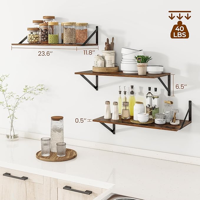 24"W x 12"D Wall Shelves for Books, 12 Inch Deep Floating Shelves Set of 3, Wide Floating Bookshelf with Metal Bracket for Living Room, Kitchen, Office, Bedroom and Decor Storage - Rustic Brown