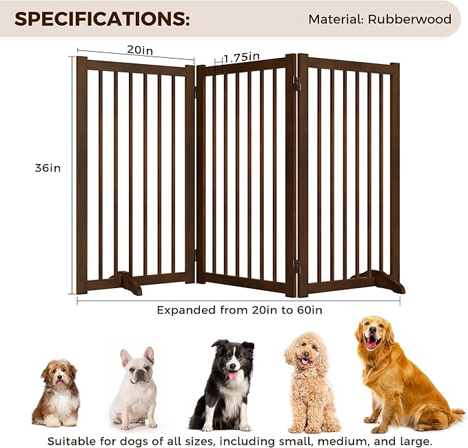 36" H Freestanding Dog Gate, Solid Wood Foldable Pet Gate with Support Feet, Wooden Tall Dog Gate for Doorway, Stairs & Indoor Use, 60" Wide Expandable Pet Fence, 3 Panels, Walnut