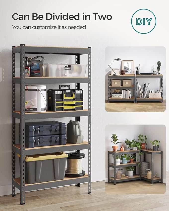 SONGMICS 5-Tier Storage Shelves, Load 2310 lb, Garage Storage, Boltless Assembly, Adjustable Shelving Unit, 11.8 x 29.5 x 59.1 Inches, for Study Shed Basement, Gray and Natural Beige UGLR300G01