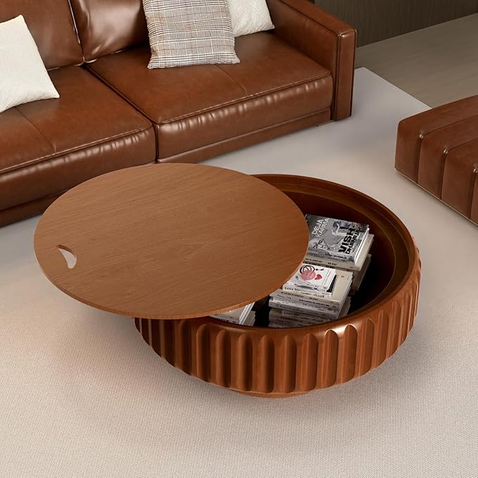Round Coffee Table with Storage for Living Room, Handcraft Fluted Drum Coffee Table Modern Circle Wooden Coffee Table Cocktail Table for Home Office Apartment (Brown 31.5")