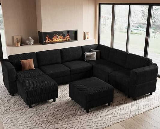 Modular Sectional Sofa 7 Seat U Shaped Couch with Storage Ottoman,Sectional Couches for Living Room,Corduroy Modular Couch in Black