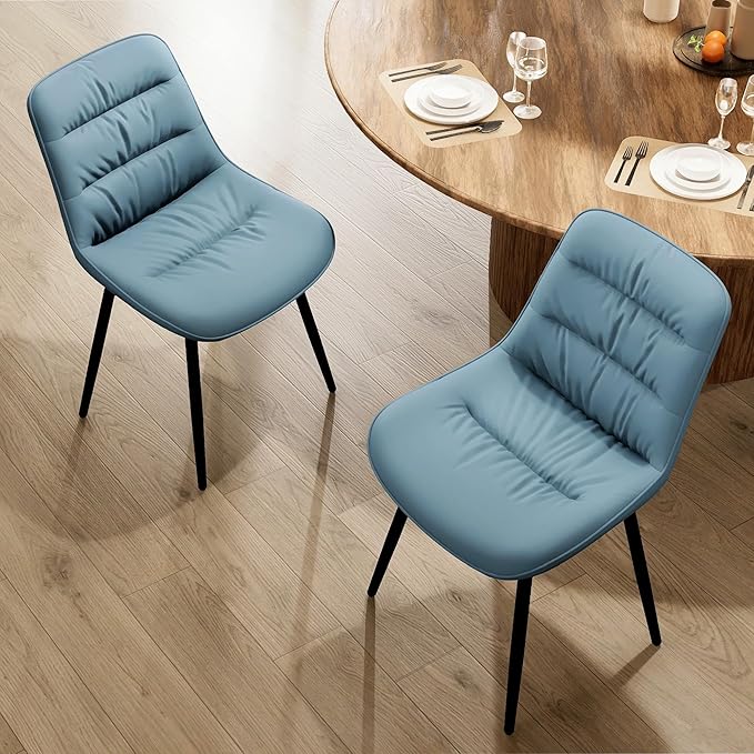 Kidol & Shellder Dining Chairs Set of 2, Modern Upholstered Faux Leather Kitchen Side Chairs with Comfortable Back - Mid-Century Armless Chair for Dining Living Room Bedrooms, with Metal Legs (Blue)
