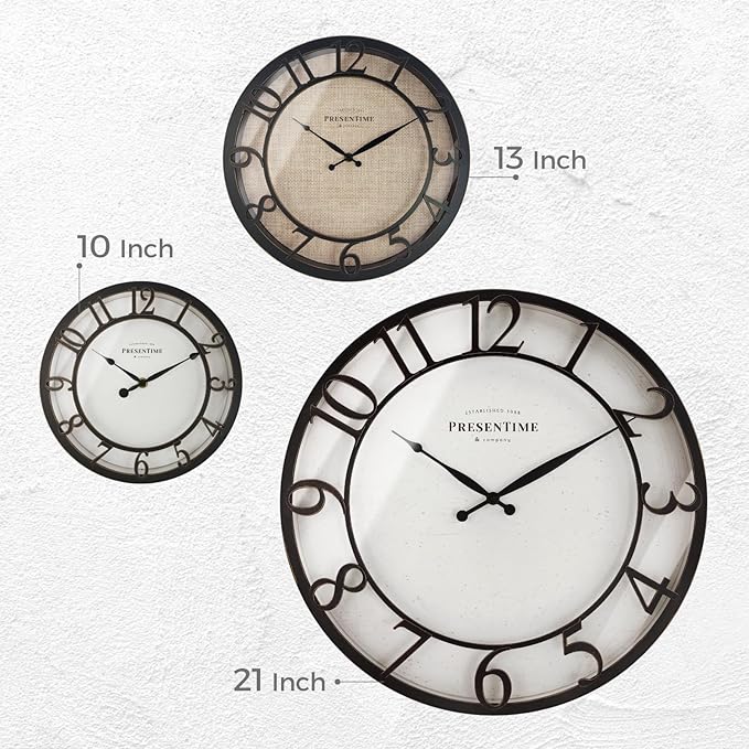 Presentime & Co 21" Farmhouse Series Wall Clock, Cottage Style, Faux Burlap, Oil Rubbed Antique Bronze Finish. Wall Décor for Living Room, Dining Room, and entryway.